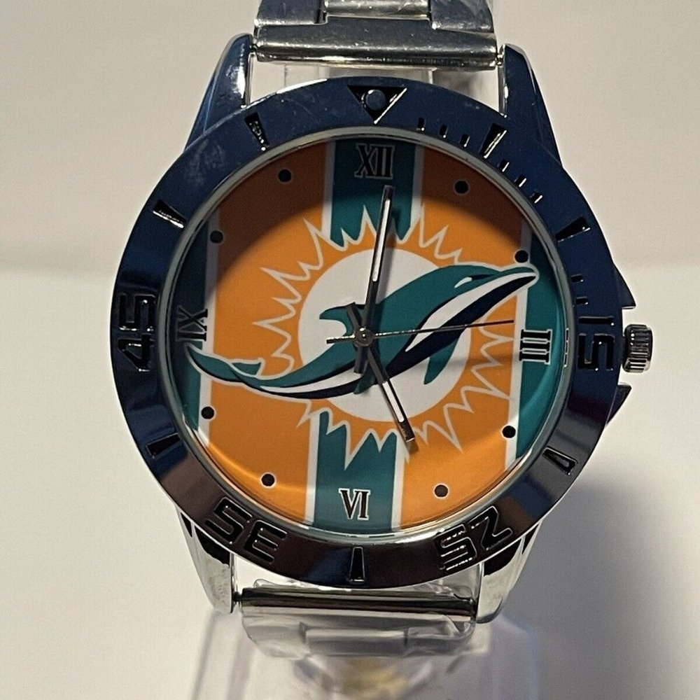 MIAMI DOLPHINS NFL Team Logo Men's Stainless-Steel Silver Analog Watch NEW
